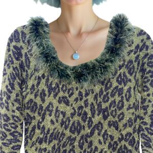 NWT Michelle Nicole Mohair Green Cheetah Feather Trim Sweater Large